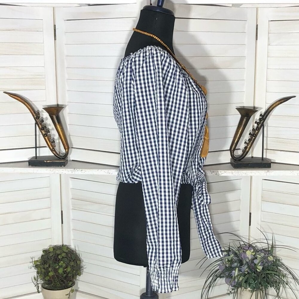 Sanctuary Claire Gingham Print Top White Navy Blue M - Picture 4 of 10